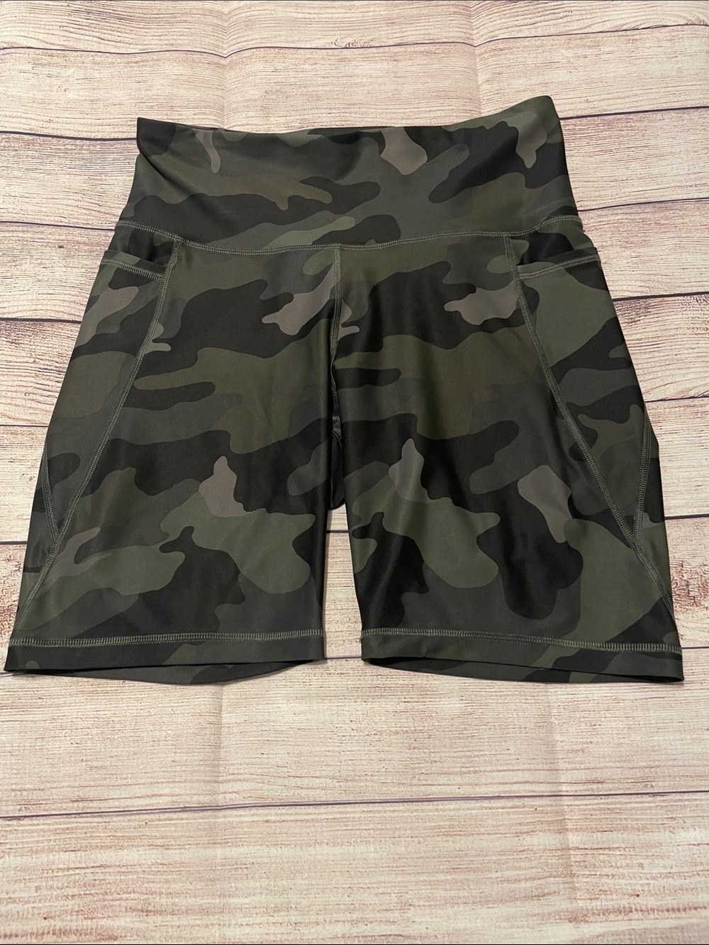 Old Navy Olive Camo High-Waist Bike Shorts with Side Pockets